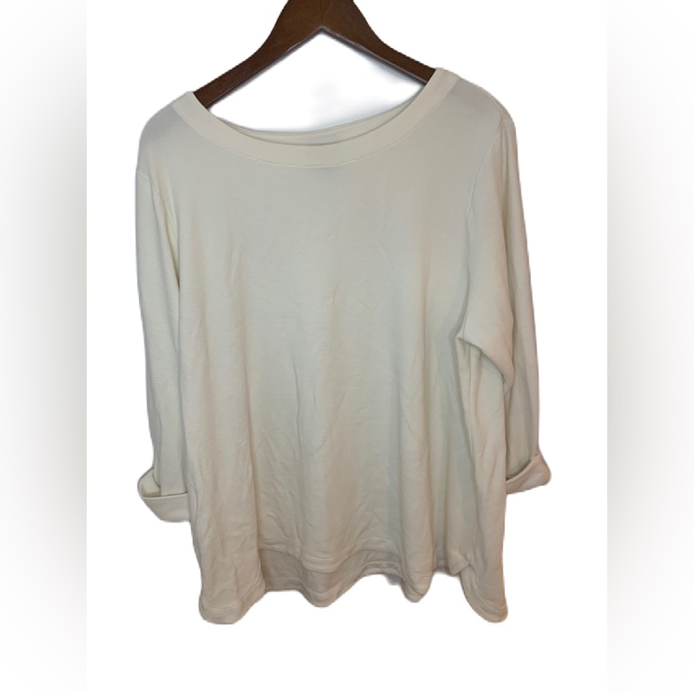 J Jill Wearever Women’s Top Size 2X White Horizontal Rib Wide Neck Cuffed Sleeve